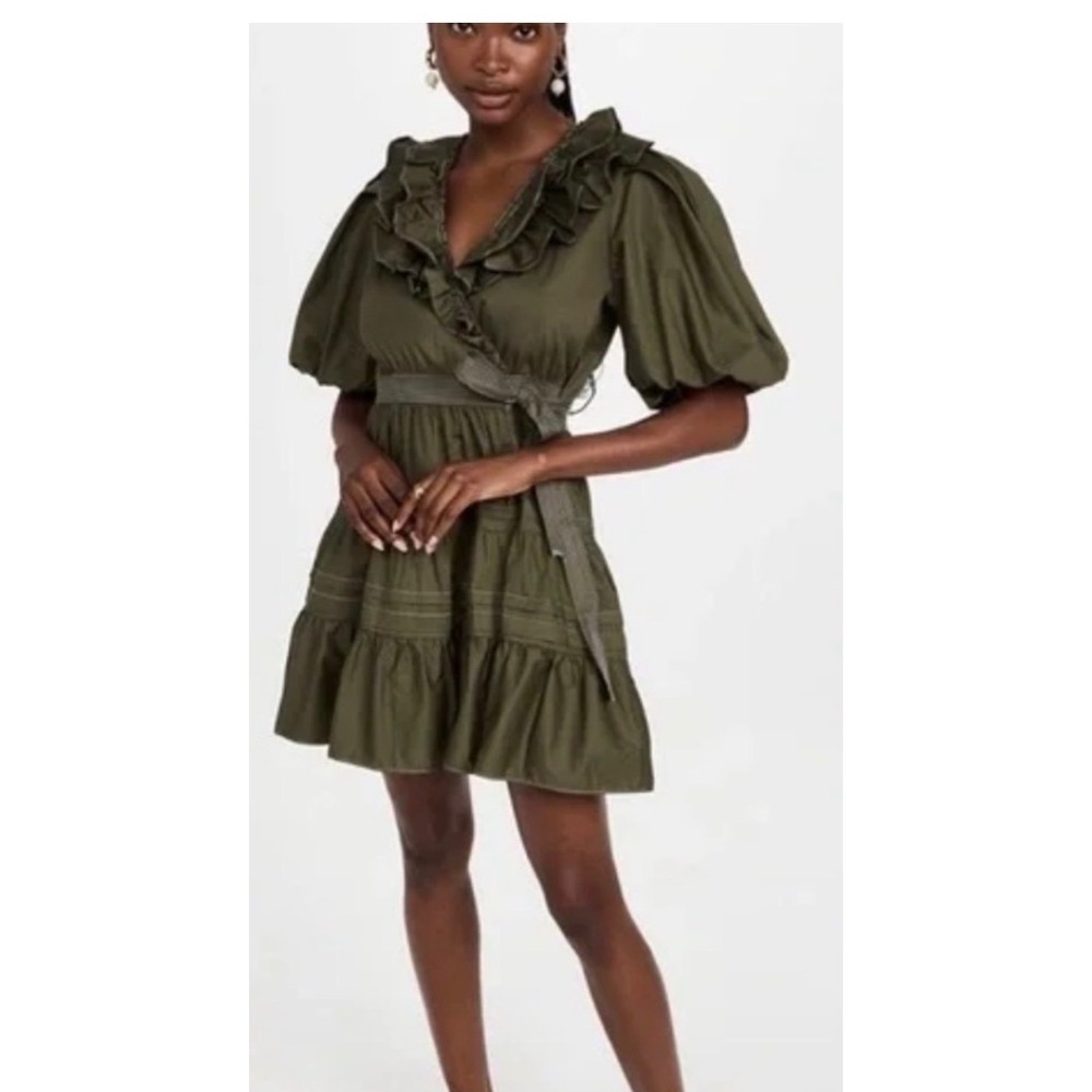 En Saison Olive Green Ruffle Wrap Mini Dress Puff Sleeve Tiered Skirt Size Small